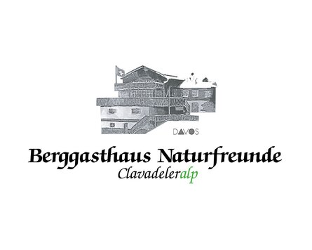 Logo des Berggasthaus Naturfreunde welches von einer Schwarz-Weiss Zeichnung des Berggasthauses geziert wird. | © Davos Klosters Mountains